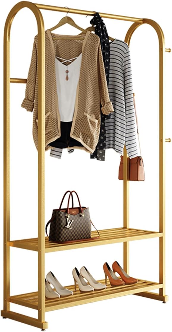 Gold Clothing Rack with 2 Shelves and Side Hooks,Freestanding Metal Garment Rack for Hanging Clothes,Heavy Duty Clothes Rack with Shoe Storage,Modern Clothing Rack for Bedroom,Entryway,Closet