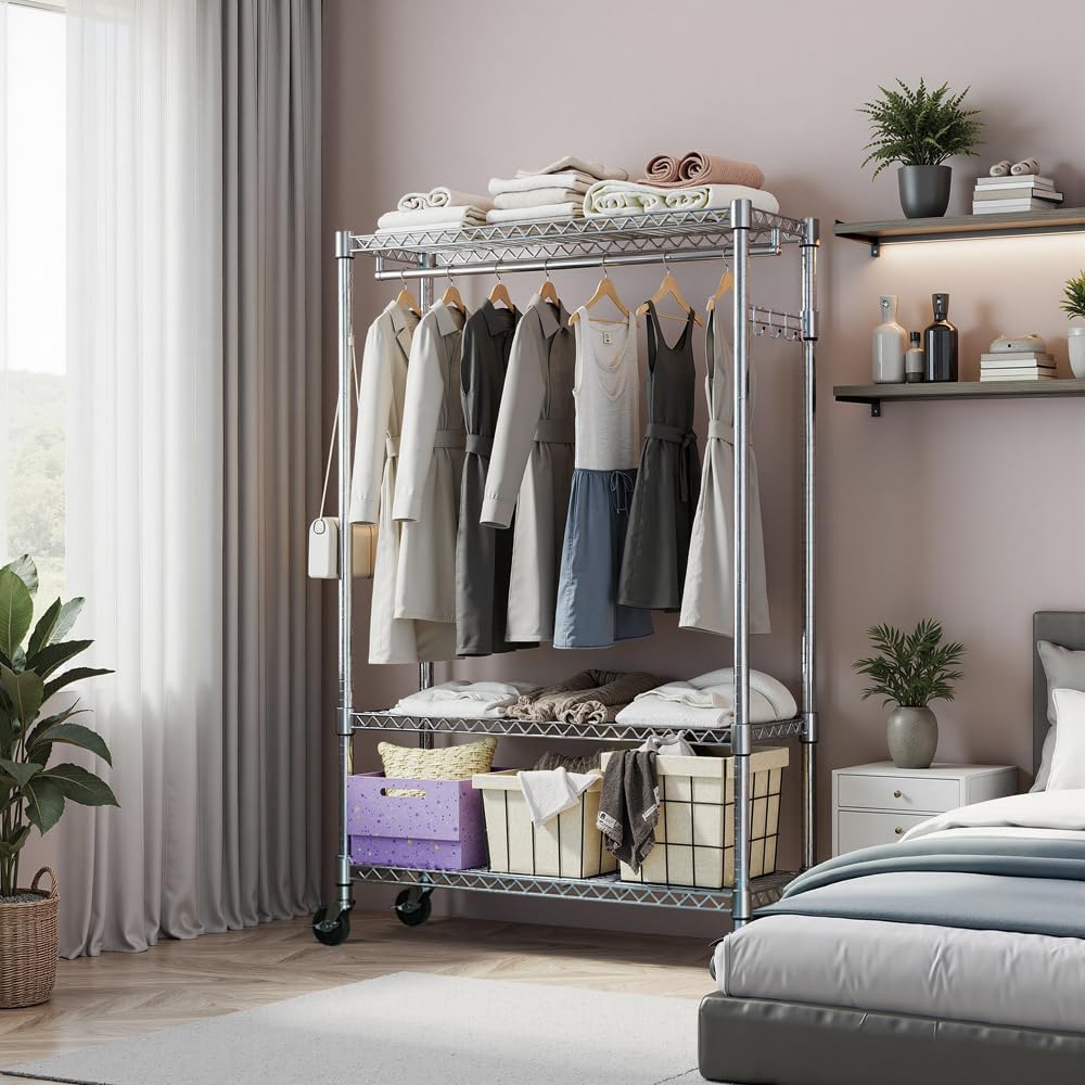 High-Strength Rolling Garment Rack Freestanding Closet Organizer with Hanging Rod Adjustable Metal Clothes Rack Chrome 15.7' D x 45.3' W x 75.6' H