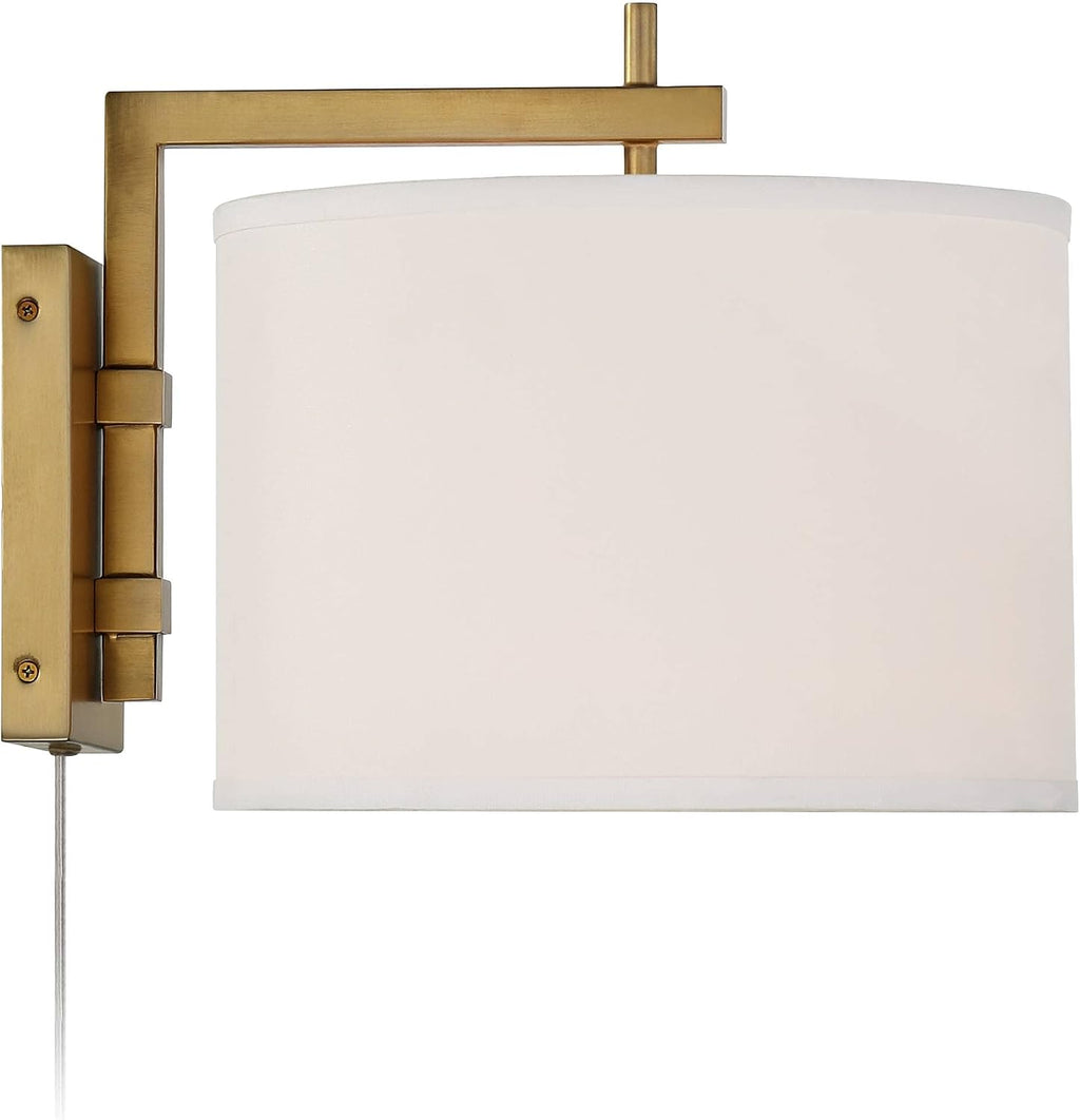 360 Lighting Adair Mid Century Modern Wall Lamps Set of 2 with Smart Sockets Warm Brass Metal Plug-in 12' Fixture Linen Drum Shades for Bedroom Bedside Reading Living Room Hallway House