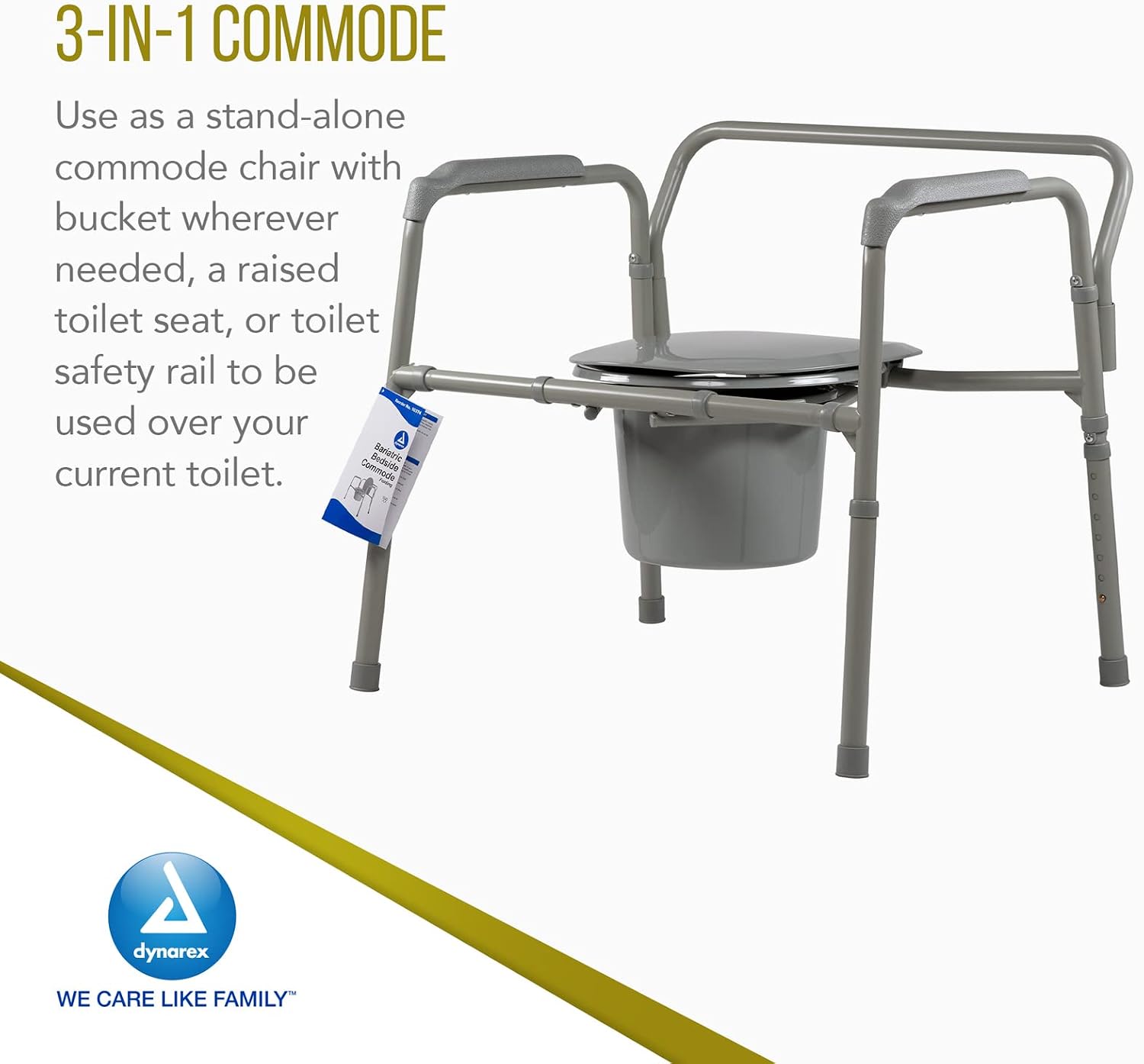 Dynarex Bariatric Folding Bedside Commode, 3 in 1 Portable Toilet Chair, Raised Toilet Seat and Toilet Safety Rail, 1 Commode