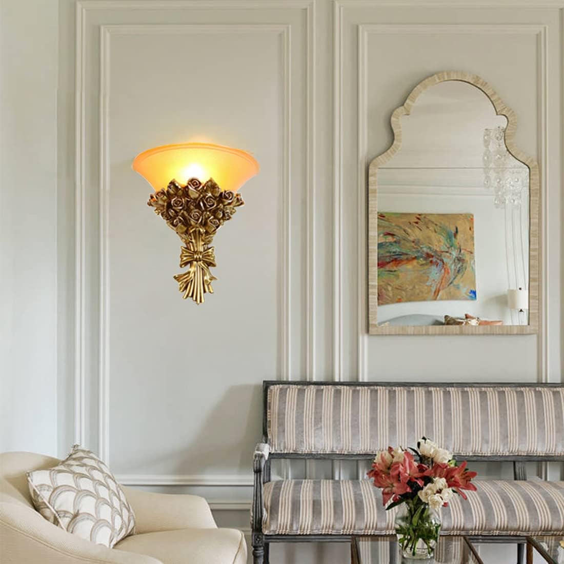 Vintage Wall Sconce Roses 1-Light Antique Gold Wall Sconce with Frosted Glass Shade, Unique Resin Golden Flower Style Mid Century Modern Wall Light for Living Room Hallway Bedroom
