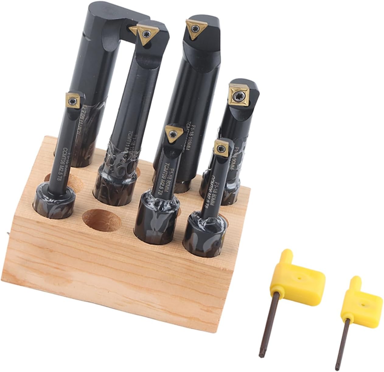 7Pcs Boring Tool Set, Indexable Cemented Carbide Turning Bar Holder, Round Shank Boring Bar for Lathe and Boring Machine, F1-18 with Wood Block Storage