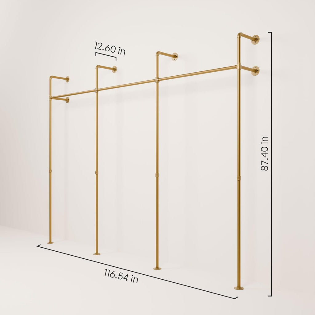 pamo Gold Clothing Rack Wall Mounted – Pipe Closet System in Gold Powder-Coated Steel – 117' W × 87' H, 750 lbs – Boutique, Walk-In Closet & Retail