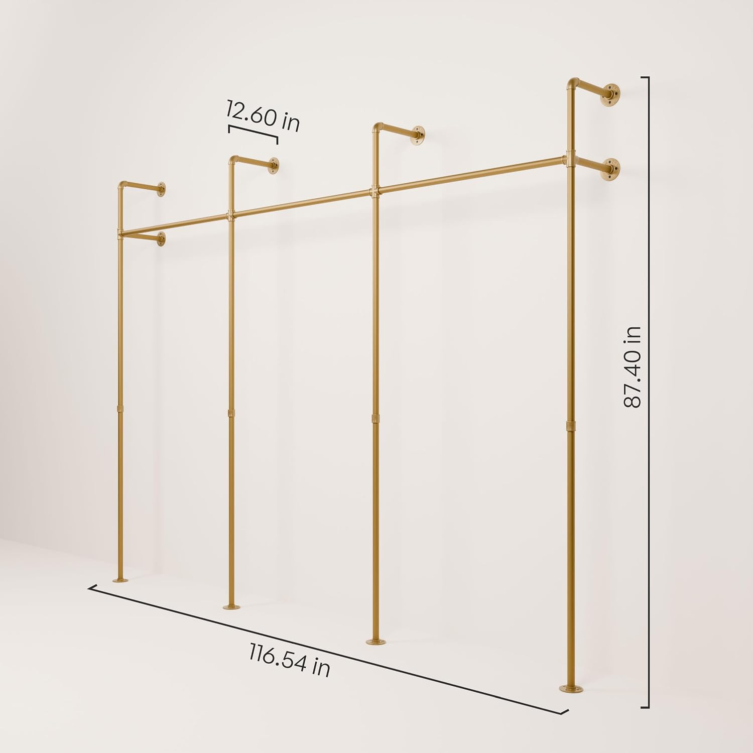 pamo Gold Clothing Rack Wall Mounted – Pipe Closet System in Gold Powder-Coated Steel – 117' W × 87' H, 750 lbs – Boutique, Walk-In Closet & Retail