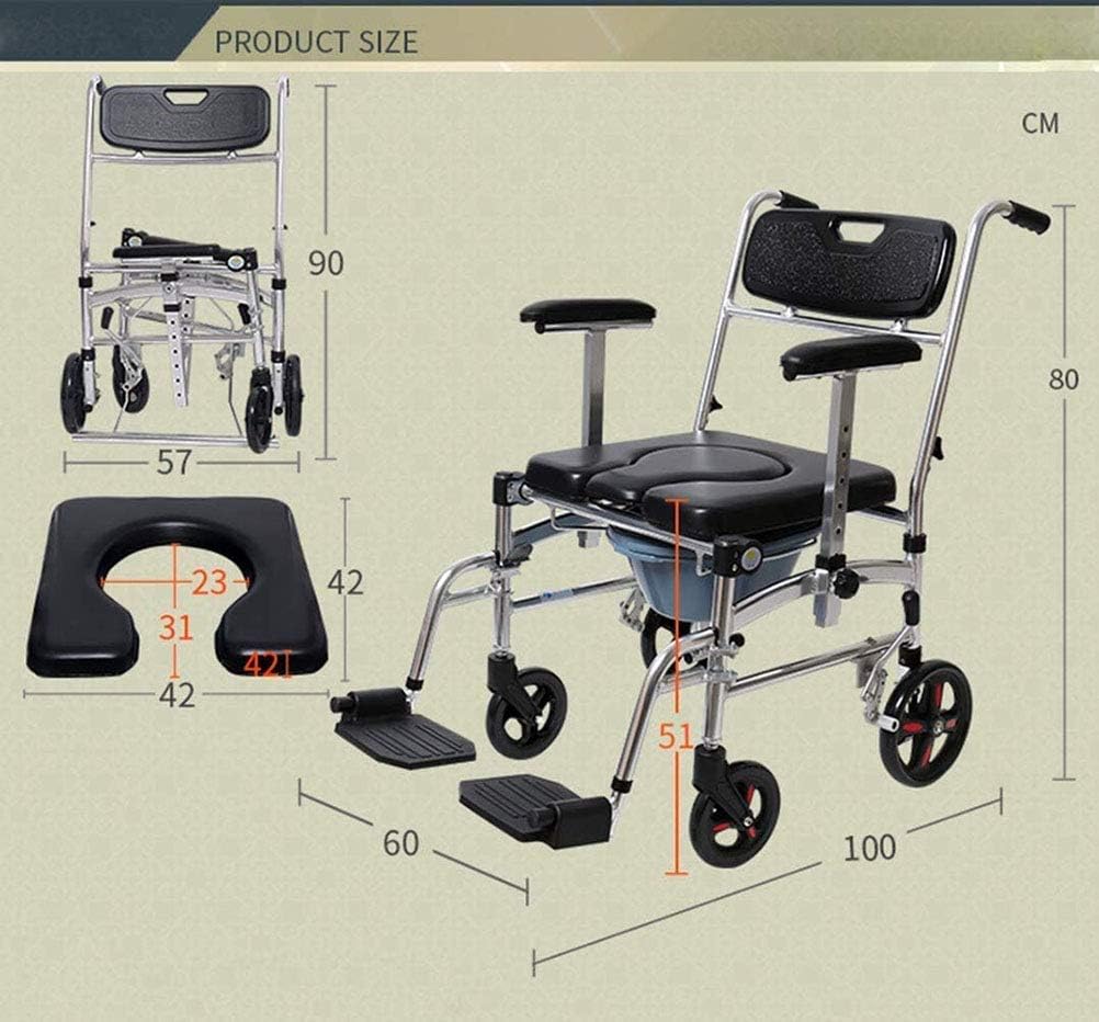 Adjustable Folding Bedside Commode Chair with Wheels Drop Arm & Safety e Portable Toilet Seat for Elderly Seniors & Disabled – Shower & Bathroom Use