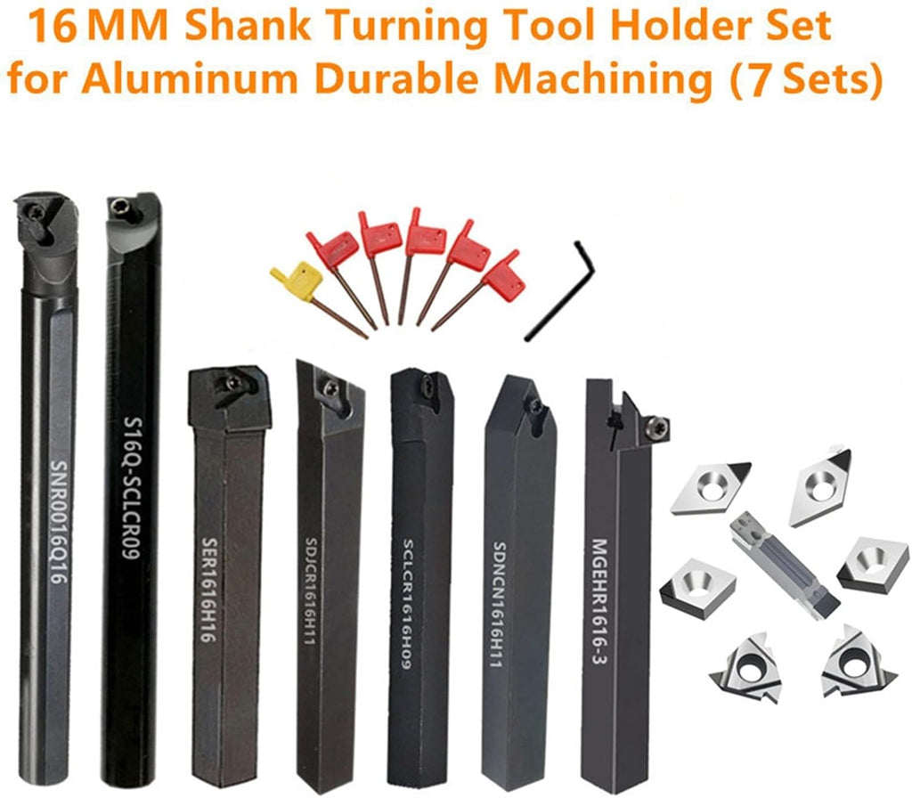 7Sets of 16MM CNC Lathe Turning Tool Holder Boring Bar with Applicable Inserts and Wrenches Set for Turning Threading(7Sets for AL Durable)