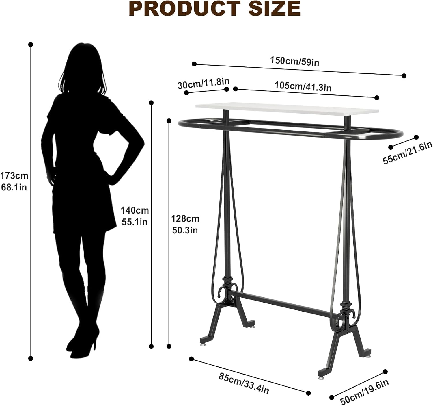 Round Garment Rack, Floor Standing Clothes Retail Display Stand, Oval Iron Clothing Rack with Wooden Topper, Suitable for Boutique Home Commercial Shop (White)