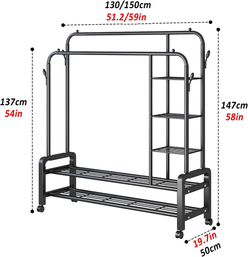 Rolling Garment Rack With Wheels, Double Rods Clothing Rack, Standing Metal Clothes Racks With Shelves, Portable Wardrobe Sturdy Racks For Bedroom Entryway(White,150cm/59in)