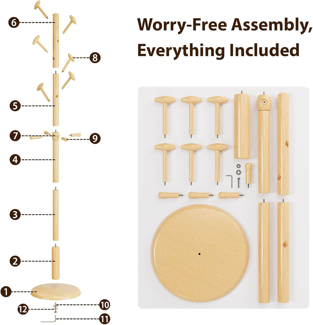 Taitiy Solid Wood Coat Rack Freestanding Coat Tree with 10 Hooks for Bedroom, Livingroom, Entryway, Sturdy Coat Hanger Stand for Hats, Coats, Scarves, Handbags, Purses
