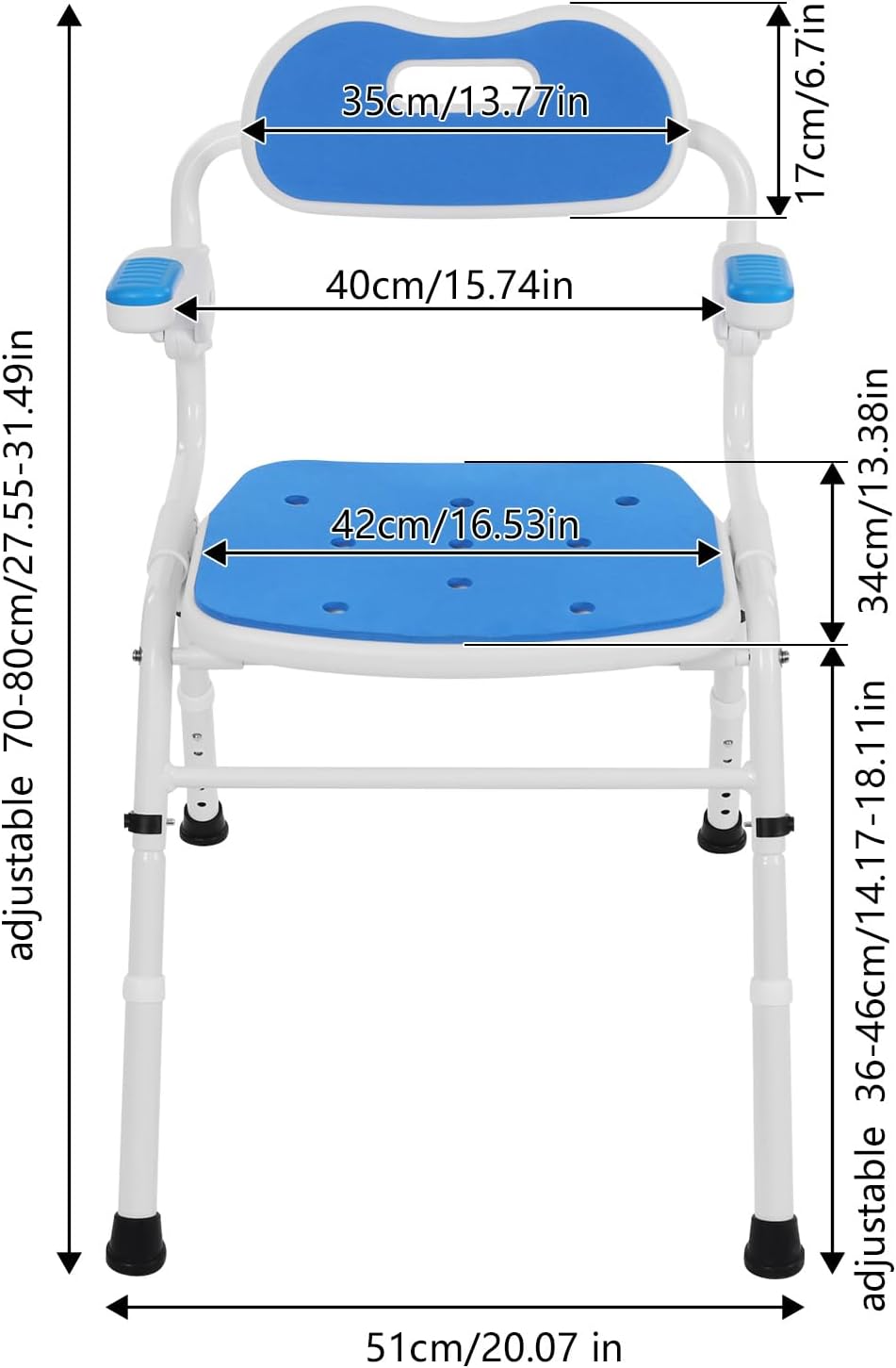 Folding Shower Chair with Armrests and Back, Grid Shower Folding Toilet Seat Adjustable Height Bathroom Wheelchair for Elderly Pregnant and Disabled