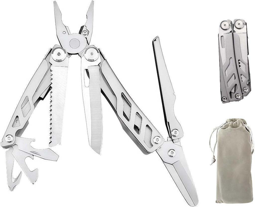 Multitool, 16-in-1 Full-Size, Lightweight EDC, Multi-Purpose Pliers, Pocket Knife, Scissors, Tactical Gear, Tools, Gifts for Guys, Equipment for Emergencies, Hiking, and Outdoor Camping (White)
