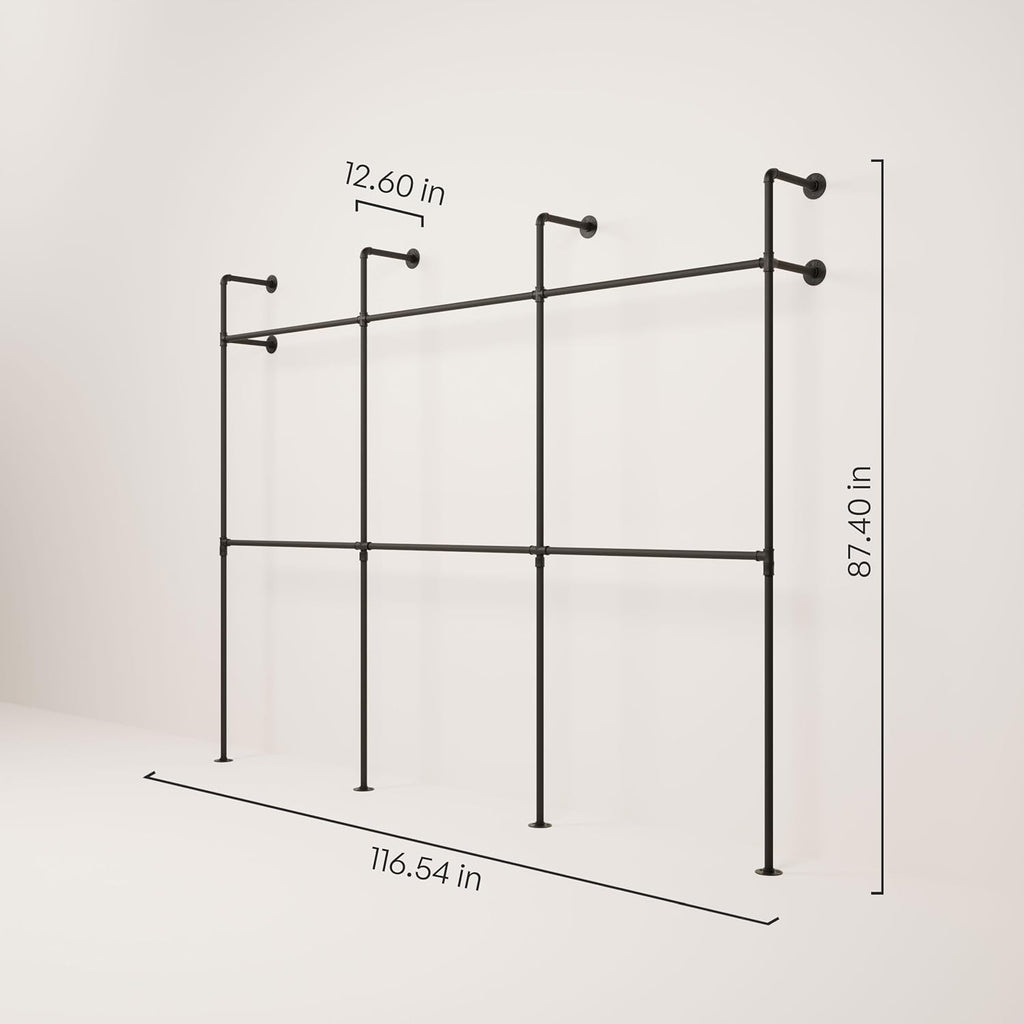 pamo Industrial Pipe Clothing Rack – Wall Mounted Black Closet System in Powder-Coated Steel – 116.54' W × 87.4' H – Easy Setup – Ideal for Walk-In Closets & Retail Use