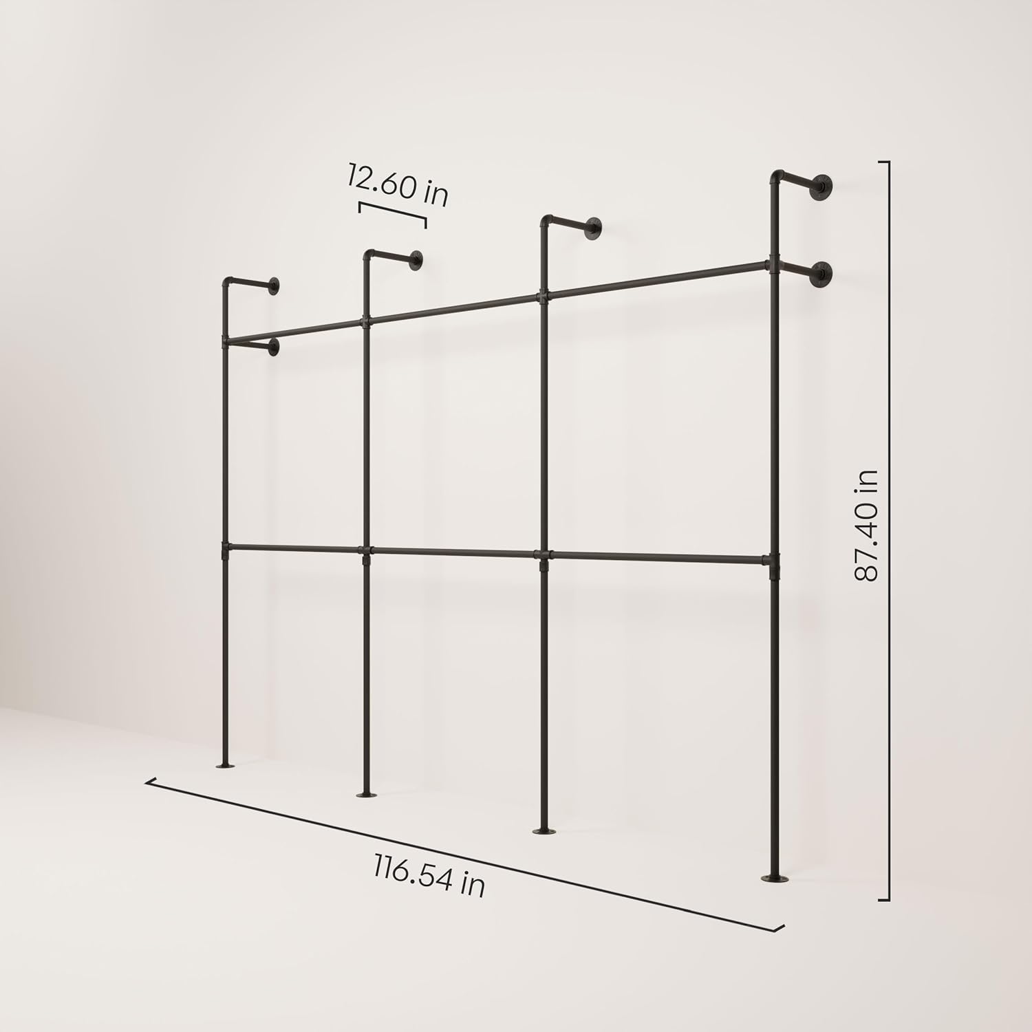 pamo Industrial Pipe Clothing Rack – Wall Mounted Black Closet System in Powder-Coated Steel – 116.54' W × 87.4' H – Easy Setup – Ideal for Walk-In Closets & Retail Use