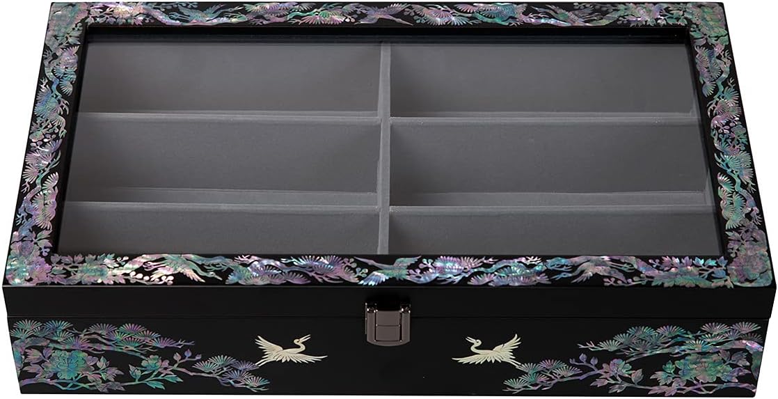 Antique Alive Mother of Pearl Wood Sunglasses Box Eyeglasses Valet Display Storage Case for Glasses, Watches, Jewelry, Trinkets Wooden Accessory Organizer Gift (Crane & Pine Glass Black)