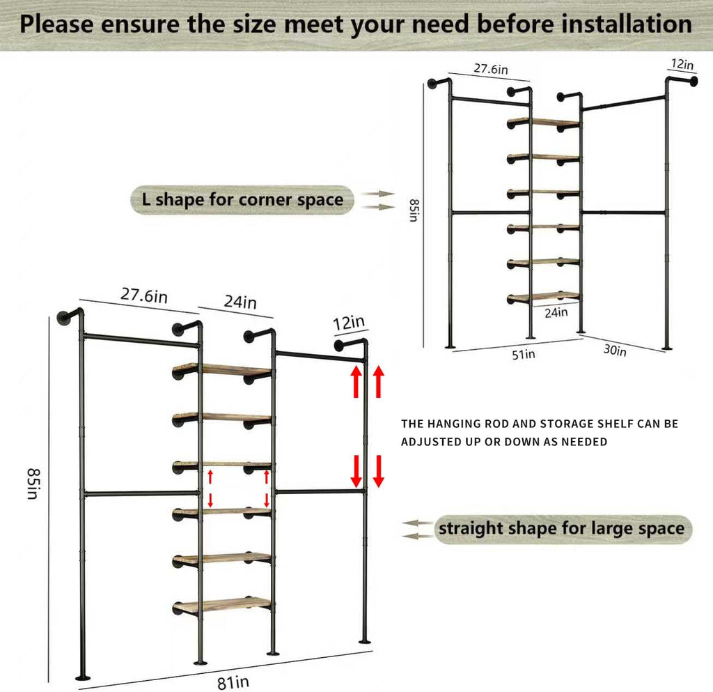 HKaikzo Wall Mounted Closet System 85' H×81' W, Industrial Pipe Clothing Rack for Walk-in Closet with 6 Shelves, Heavy Duty 200LBS Garment Rack, Color-Coded Assembly, 3 Layout Options, Black