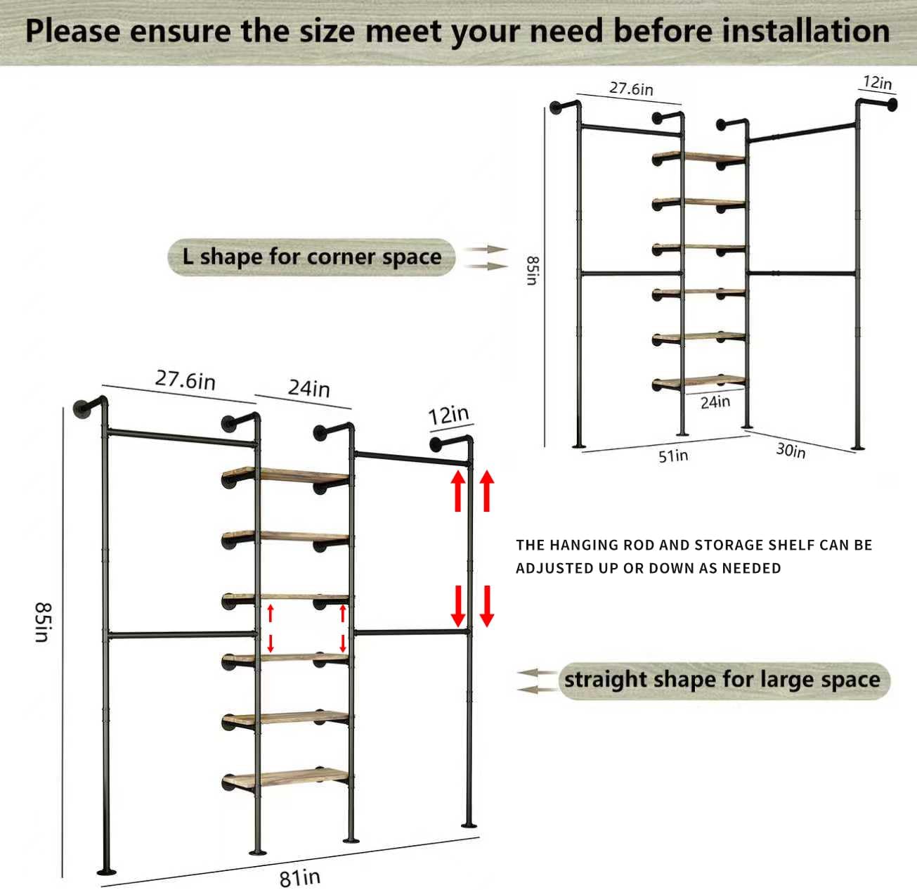 HKaikzo Wall Mounted Closet System 85' H×81' W, Industrial Pipe Clothing Rack for Walk-in Closet with 6 Shelves, Heavy Duty 200LBS Garment Rack, Color-Coded Assembly, 3 Layout Options, Black