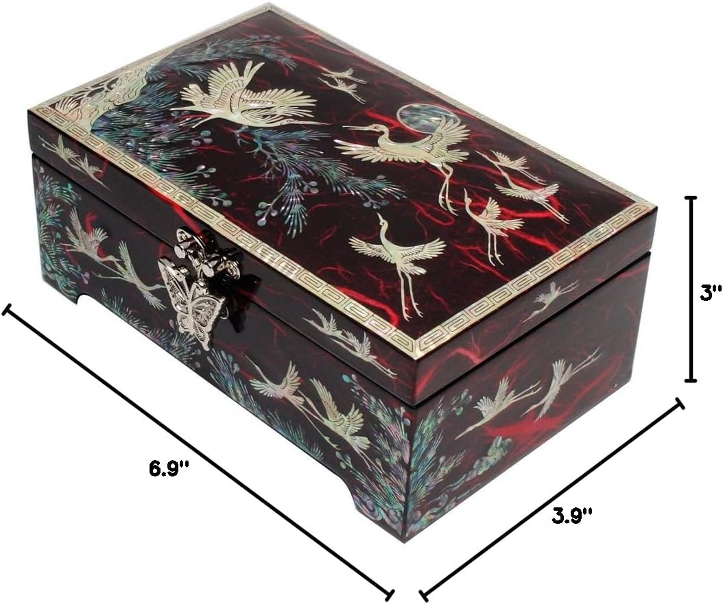 Antique Alive Mother of Pearl Inlay Design Jewelry Box, Wood Jewelry Box, Trinket Case, Keepsake Treasure Chest Box Organizer Holder (Bird Pine)