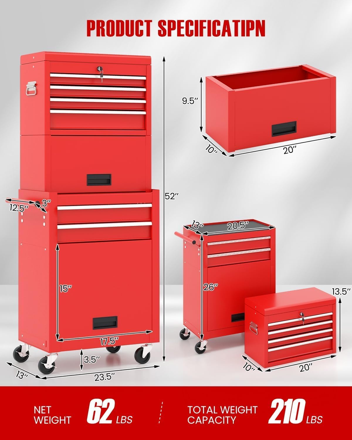 Goplus 6 Drawers Tool Chest, Rolling Metal Tool Box with Universal Wheels, Protective Liner, Detachable Top Toolbox, Auto Lock, 3-in-1 Large Tool Cabinet for Garage Shop Auto Repair