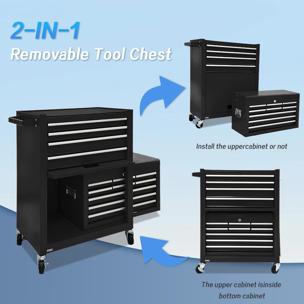 13-Drawer Rolling Tool Chest, 2-in-1 Heavy Duty Detachable Storage Cabinet with Lockable Wheels & Removable Top Box, 600 lbs Capacity for Mechanics, Garage Workshop (BLACK)