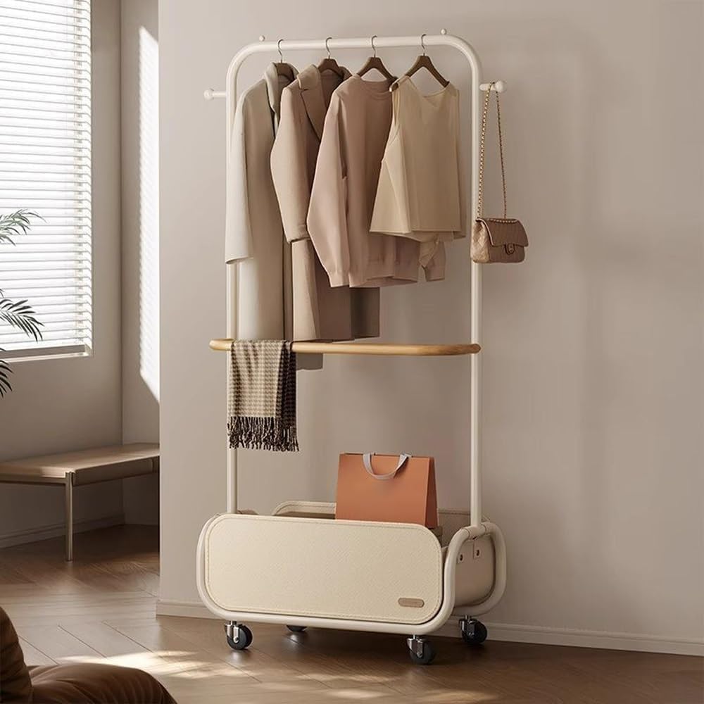 Clothes Rack with Double Rod, Garment Rack with Oxford Cloth Storage Basket, Rolling Laundry Cart, Coat Rack Freestanding with Wheels for Living Room, Bedroom(White,60cm-23.6in)