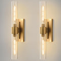 Gold Brass Bathroom Wall Sconce - Set of 2 Modern Long Linear Dimmable Sconces - Clear Glass Tube Vanity Light - Vertical or Horizontal Mounted Lighting Fixture for Indoor Bedroom Living Room Hallway