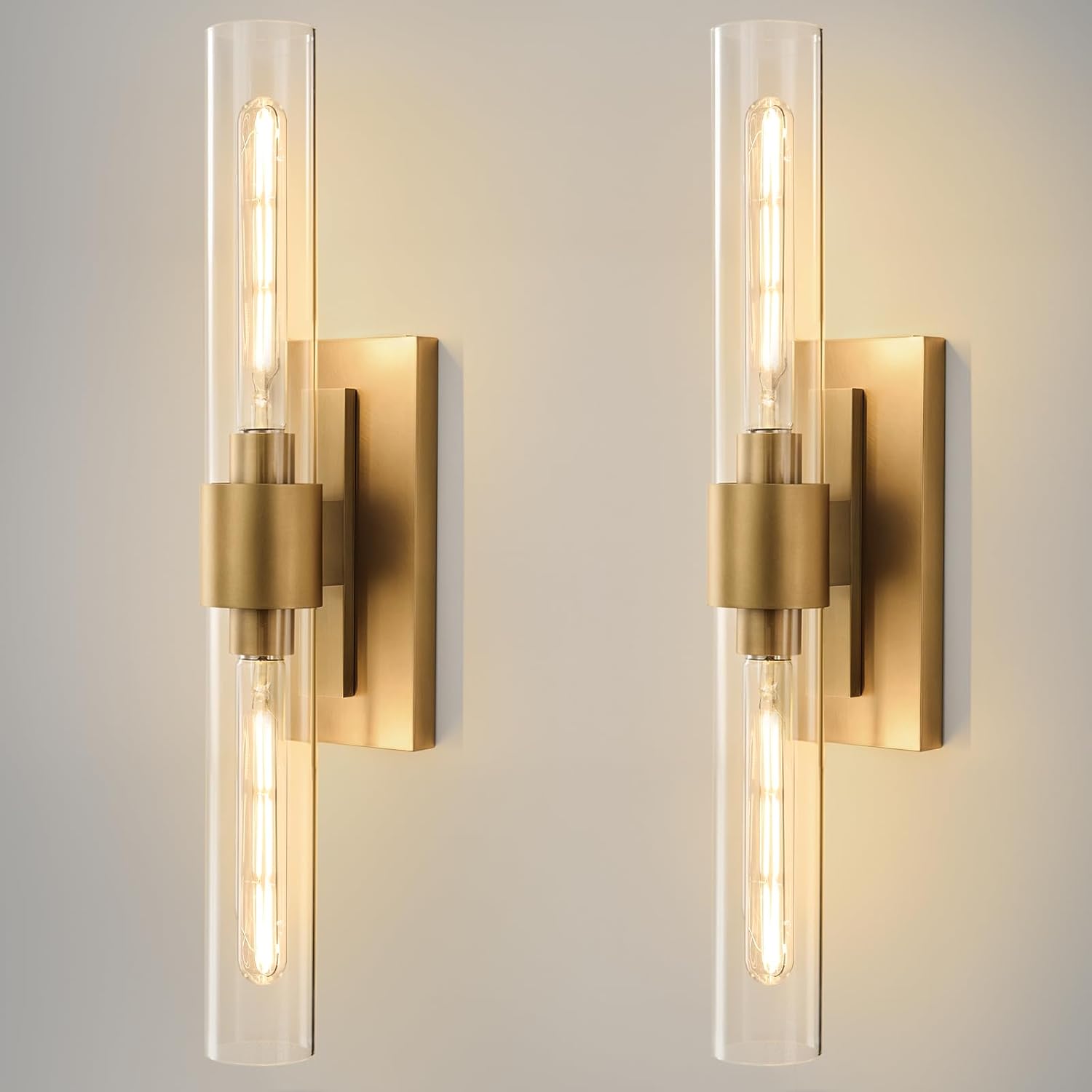 Gold Brass Bathroom Wall Sconce - Set of 2 Modern Long Linear Dimmable Sconces - Clear Glass Tube Vanity Light - Vertical or Horizontal Mounted Lighting Fixture for Indoor Bedroom Living Room Hallway