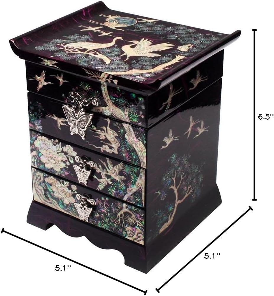 Mother of Pearl Crane Bird and Pine Tree Design Black Wooden Jewelry Drawer Mirror Trinket Keepsake Treasure Gift Asian Lacquer Box Case Chest Organizer