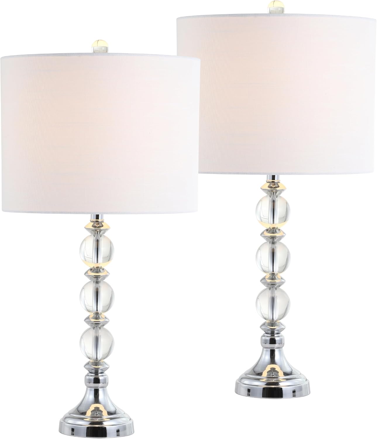 JONATHAN Y 26' Clear/Chrome Crystal LED Table Lamp Set of 2, Transitional Faceted Glass and Metal Nightstand Lamps with White Linen Drum Shade, LED Bulbs Included JYL5041A-SET2
