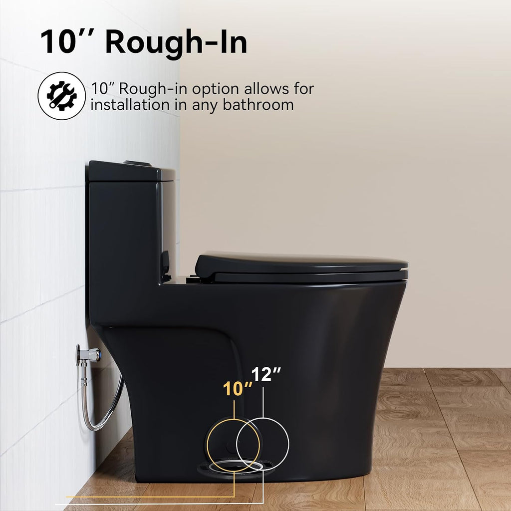 HOROW T0338WB Elongated One Piece Toilet 10' Rough-in, Matte Black Toilet with Comfortable 17.3' ADA Chair Height Seat, Powerful Dual Flush Modern Toilet for Bathroom
