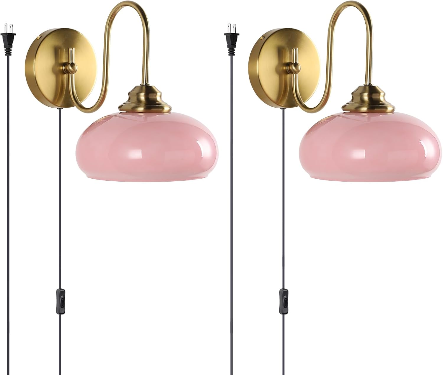 KCO Lighting Modern Pink Glass Wall Light Set of 2 Plug in Antique Brass Wall Sconce Pink and Gold Wall Sconces Bathroom Vanity Light Fixtures Plug in