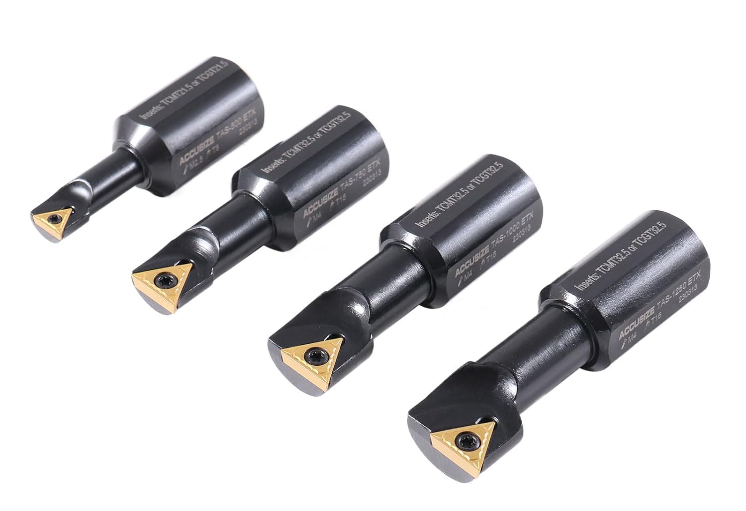 Accusize Industrial Tools 1' 4pc Indexable Stubby Length Boring Bar Set, w/Carbide TiN Coated TCMT Inserts and Extra Screws, EJ99-2182 | TCMT Inserts, Carbide, TiN Coated, Mini Bore 1/2 in-1-1/4 in, Max Bore 1-5/16 in-1-31/32 in, OAL 2-15/16 in-3-19/32 in