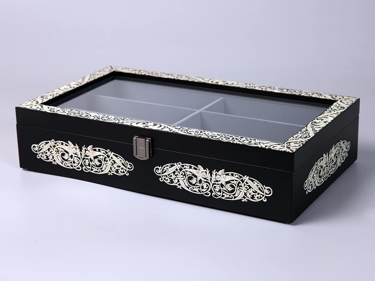 Antique Alive Mother of Pearl Wood Sunglasses Box Eyeglasses Valet Display Storage Case for Glasses, Watches, Jewelry, Trinkets Wooden Accessory Organizer Gift (Archangel Glass Black)