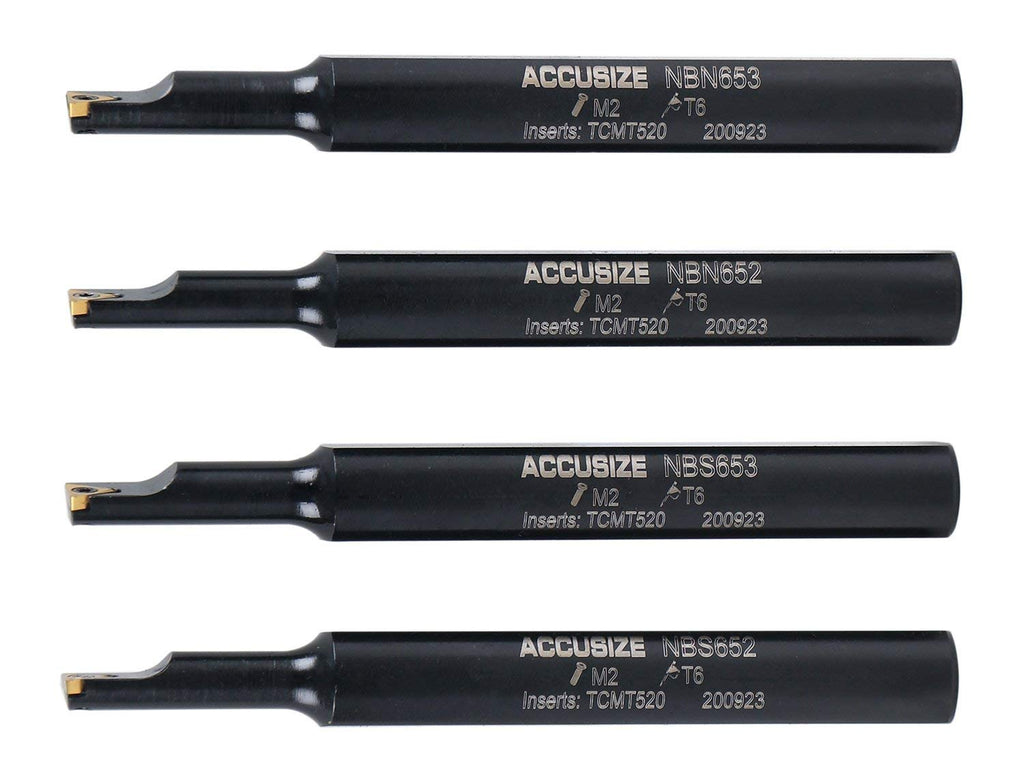 Accusize Industrial Tools Round Shank Indexable Boring Bar, 1/2 in | 4-Piece Mini Set, 95 Degree and 91 Degree Entry Angle, TiN Coated TCMT520 Inserts, EJ99-2178
