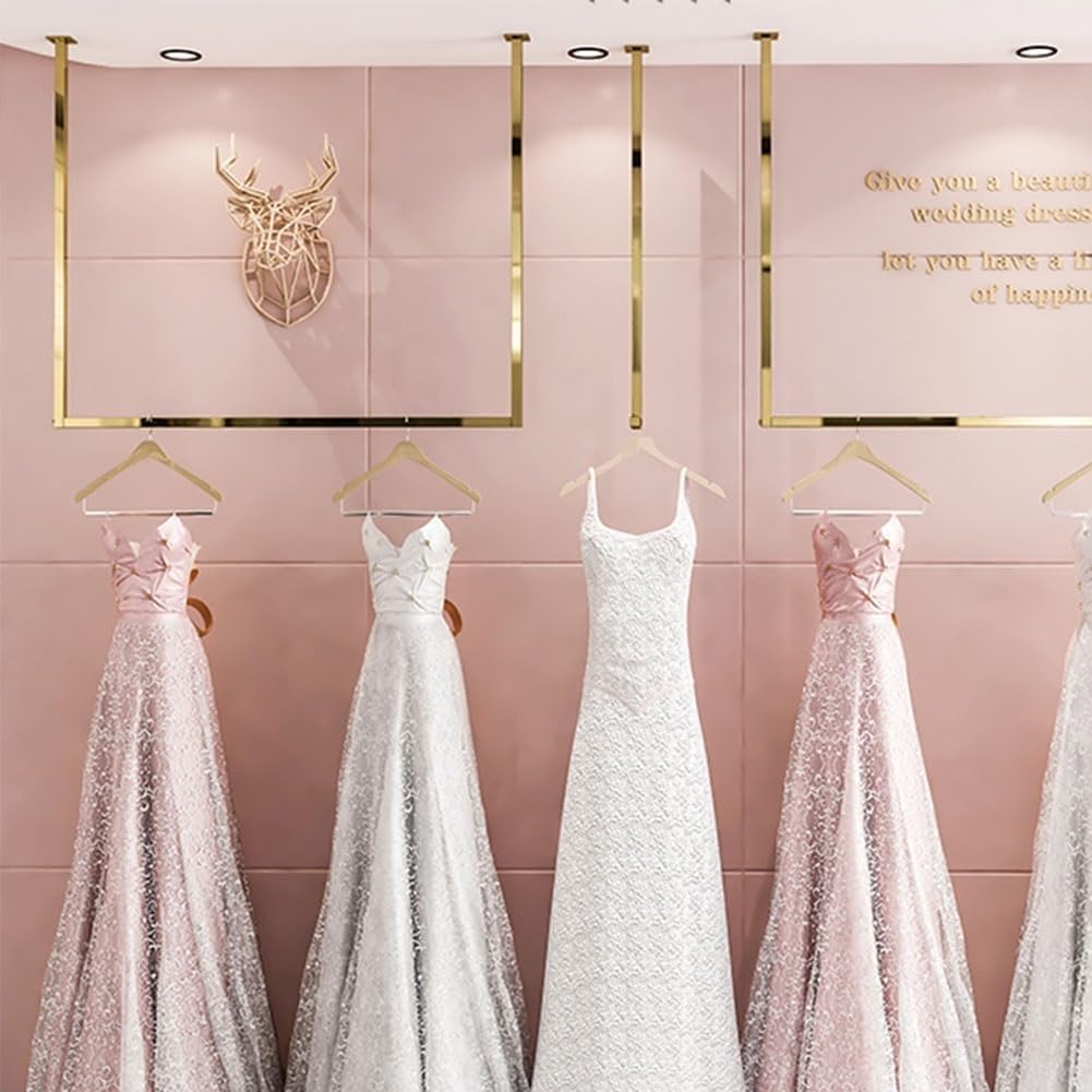 Metal Display Rack Retail Clothing Garment Racks Hanging Clothes Rack Detachable Stainless Steel Ceiling Hanger for Storage Wedding Dress U-Shaped Shelf (Color : Gold, Size : 100x120cm)