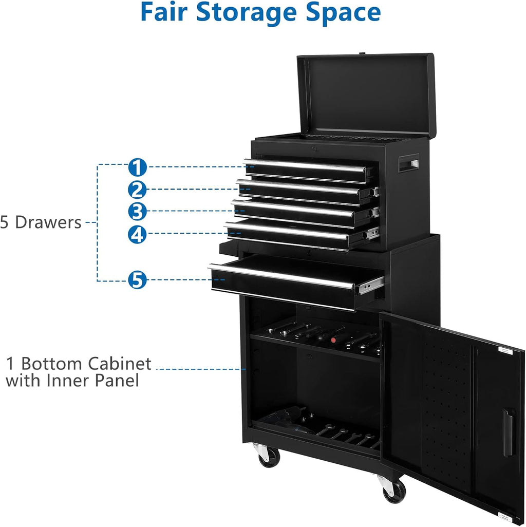 TUFFIOM 5-Drawer Rolling Tool Chest, Tool Storage Cabinet w/Drawers, Lockable Wheels, Detachable Top & Adjustable Shelf, Mechanic Tool Organizer Box for Garage, Workshop, Warehouse & Repair Shop