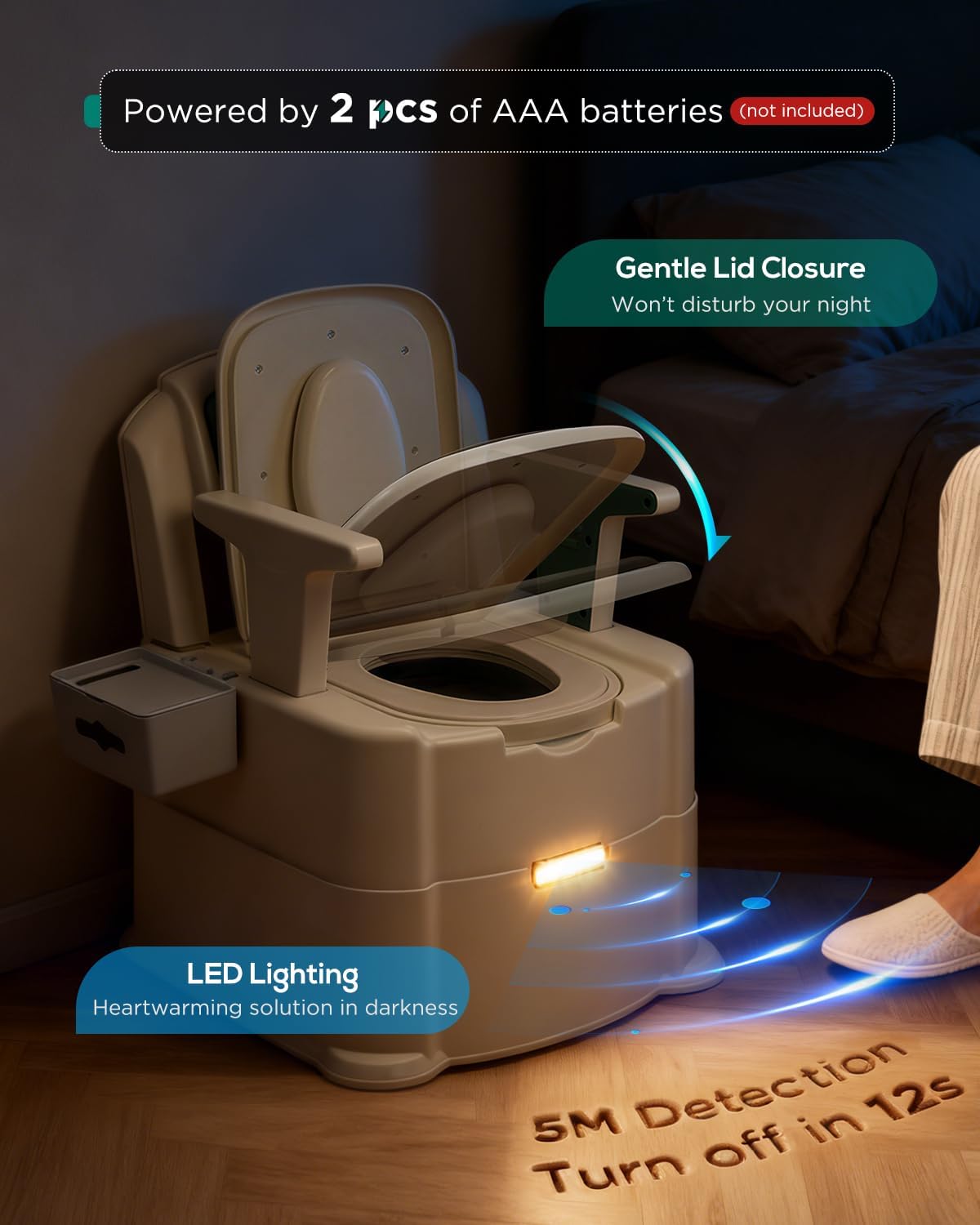 Bedside Commode, Portable Toilet for Adults, Commode Chair for Toilet with Arms, Height Adjustable, 2 Toilets and Induction Night Light, Potty Chair for Elderly and Disabled