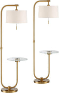 Possini Euro Design Volta Mid Century Modern Arched Floor Lamps 66' Tall Set of 2 with USB Charging Port Glass Tray Table Antique Brass White Linen Drum Shade Living Room Reading House Bedroom Home