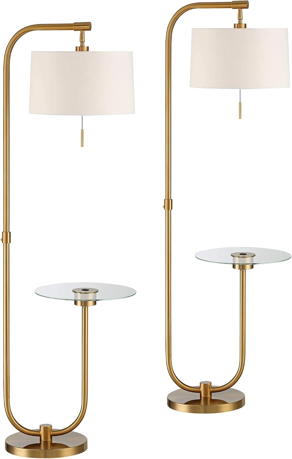 Possini Euro Design Volta Mid Century Modern Arched Floor Lamps 66' Tall Set of 2 with USB Charging Port Glass Tray Table Antique Brass White Linen Drum Shade Living Room Reading House Bedroom Home