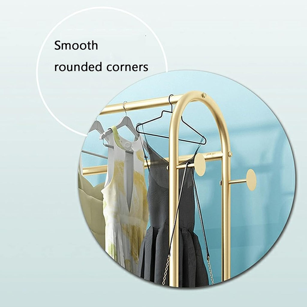 Garment Rack Heavy Duty Metal Rolling Garment Rack With Wheel, Retail Display Clothing Rack With 2 Tier Shelves And Hooks, Floor-Standing Wrought Iron Single Rod Coat Rac(Size:60x35x164CM,Color:Gold)