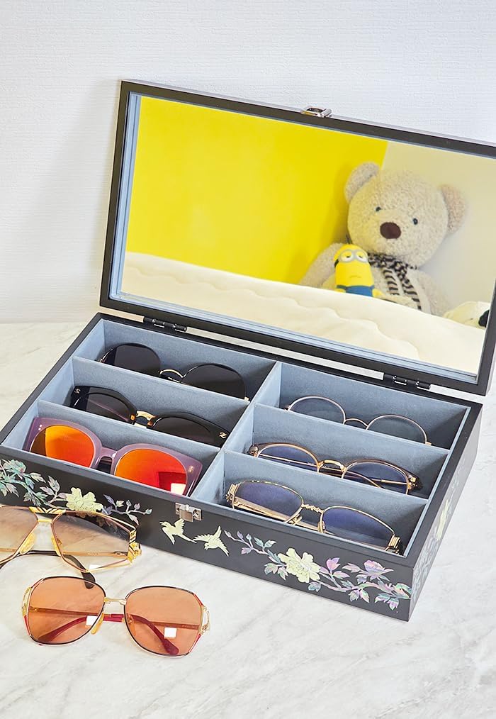 Antique Alive Mother of Pearl Wood Sunglasses Box Eyeglasses Valet Display Storage Case for Glasses Jewelry Trinkets Accessory Organizer (Peacock Black)