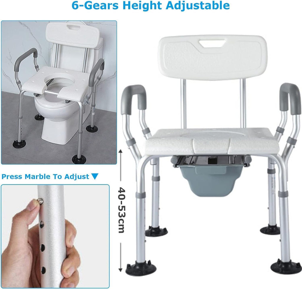 Bedside Commode Chair, Heavy-Duty Raised Toilet Seat with Flip-up Handles and 6-Gears Height Adjustable, Portable Bathroom Potty Chair for Adults