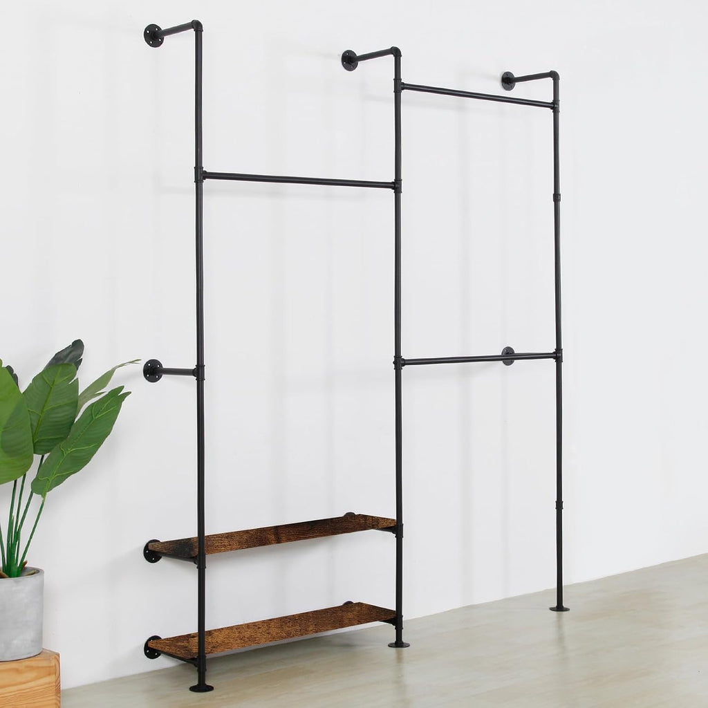Industrial Pipe Clothing Rack Wall Mounted - Heavy Duty Wood Shelves Garment Display for Bedroom/Retail Stores, Steampunk Clothes Hanger Organizer, Black(91.7X74.8inch)