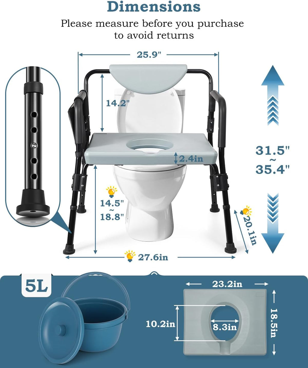 4-in-1 Bariatric Bedside Commode Chair, 1000lbs Heavy Duty Shower Chair, Extra-Wide Seat, Robust Carbon Steel, 5 Adjustable Height, Raised Toilet Seat for Seniors, Disabled, Bariatric Users