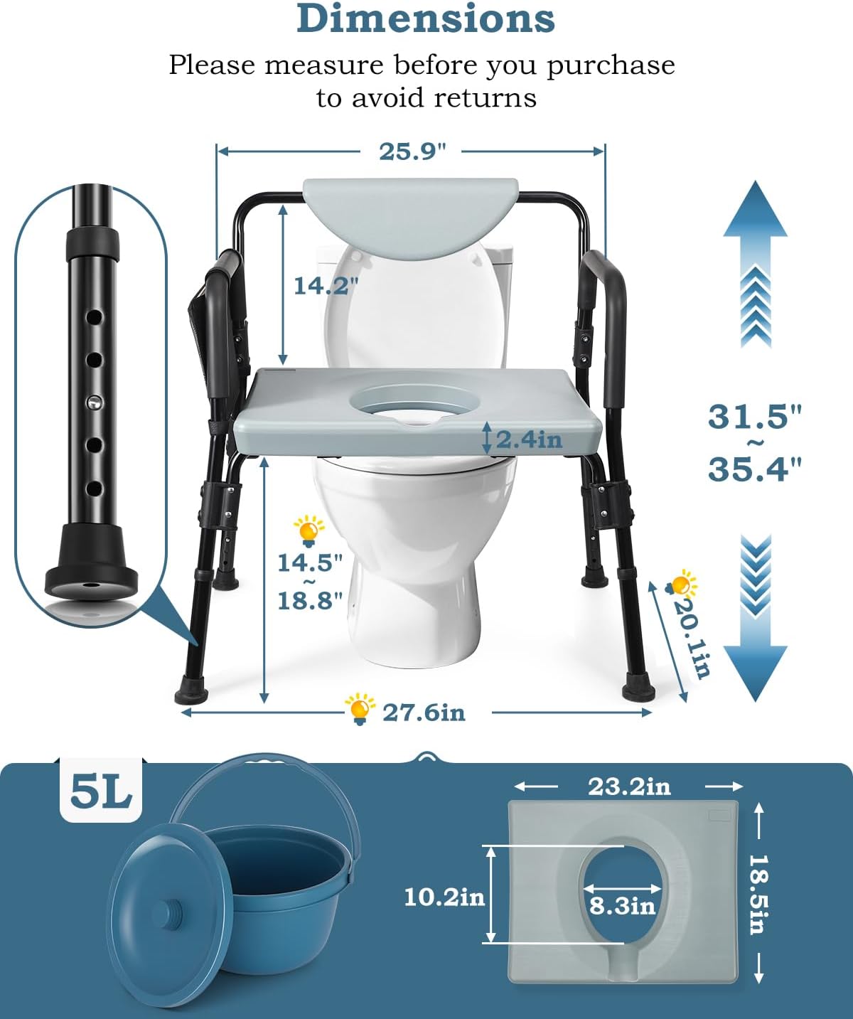 4-in-1 Bariatric Bedside Commode Chair, 1000lbs Heavy Duty Shower Chair, Extra-Wide Seat, Robust Carbon Steel, 5 Adjustable Height, Raised Toilet Seat for Seniors, Disabled, Bariatric Users