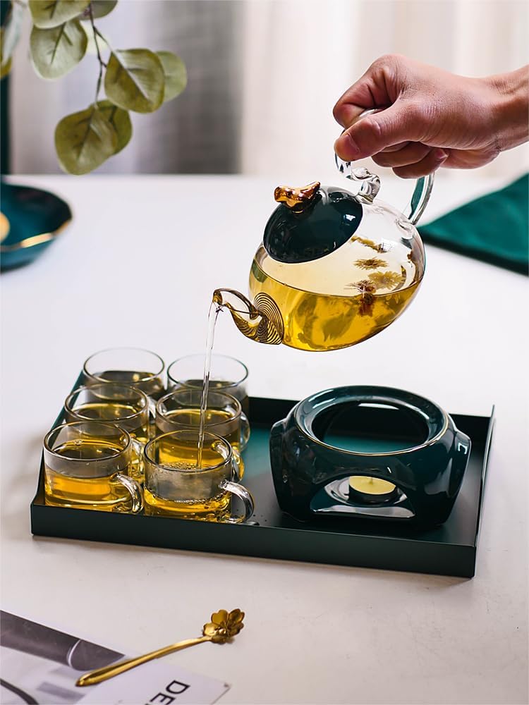 Beverage Serveware Flower tea cup set fruit flower teapot set glass flower teapot set heat-resistant base heating Water Carafe