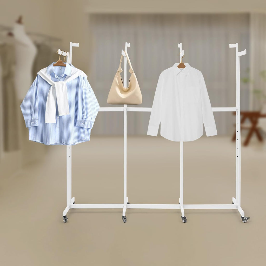 Floor Standing Metal Garment Rack, 8 Arms Clothing Display Rack Heavy Retail Display Racks With Wheels, 3.81 to 5.25Ft Adjustable Height Retail Clothing Rack for Hanging Clothes Heavy Duty