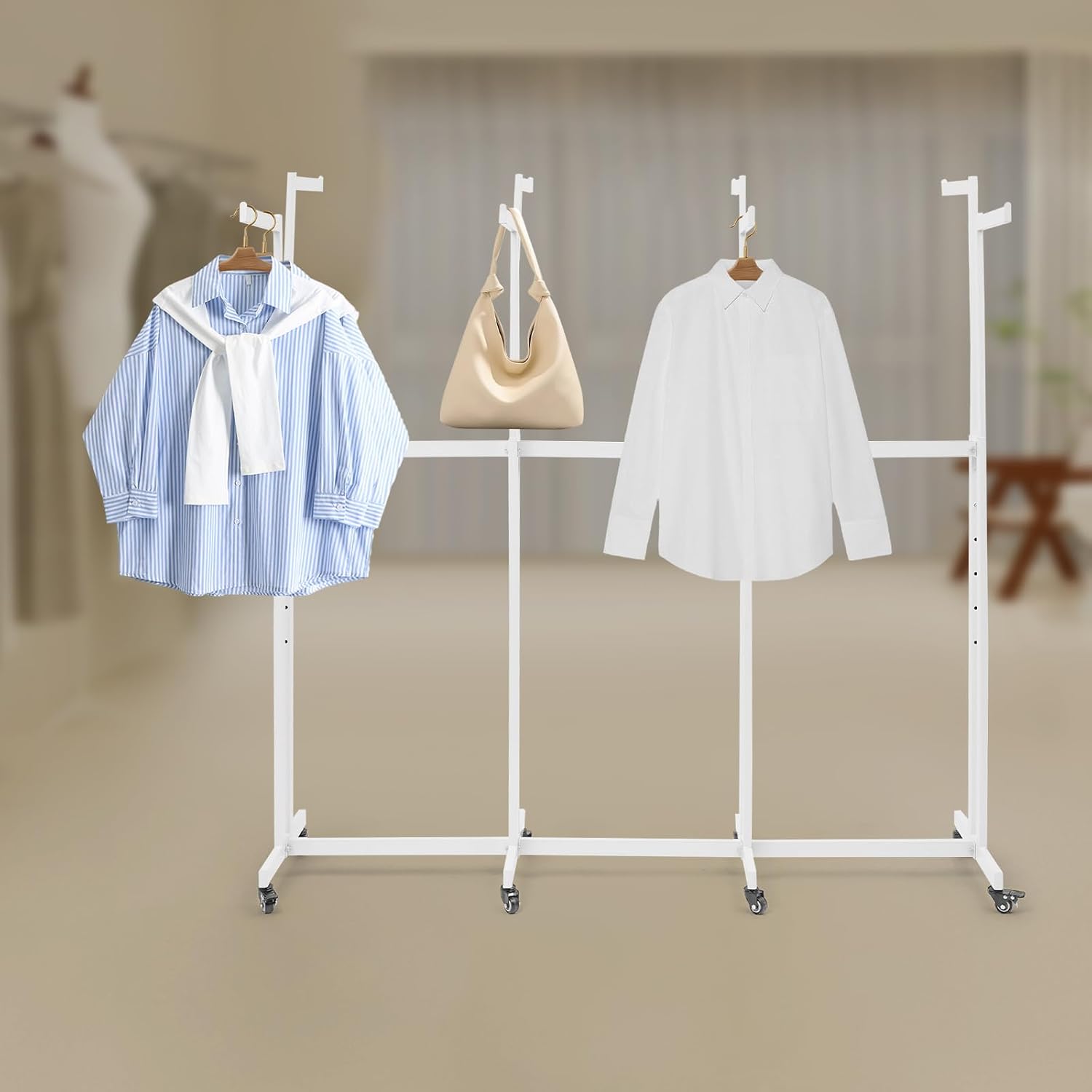 Floor Standing Metal Garment Rack, 8 Arms Clothing Display Rack Heavy Retail Display Racks With Wheels, 3.81 to 5.25Ft Adjustable Height Retail Clothing Rack for Hanging Clothes Heavy Duty