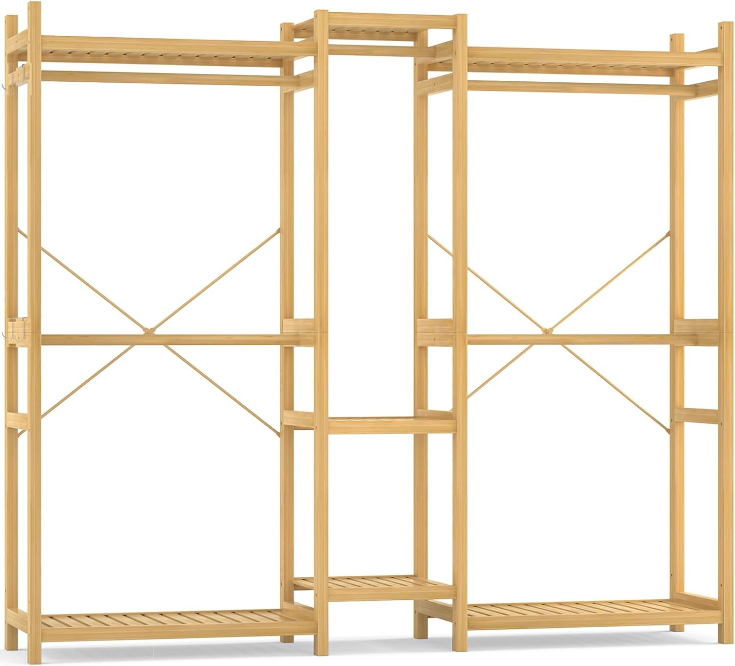 Homykic Bamboo Closet System, Large Clothing Rack for Hanging Clothes, Freestanding Clothes Rack with 7 Shelves & 5 Hanging Rods, Open Wardrobe Closet Organizer Garment Rack with 4 Hooks
