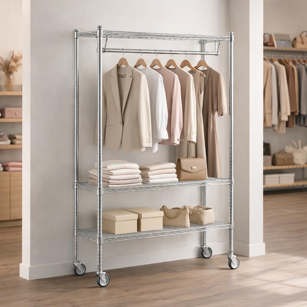 Garment Rack, Chrome Commercial Clothing Rack for Retail, Events & Storage, Adjustable Steel Clothes Rack with High Weight Capacity for Professional Use (Stationary, W18'' x L24'' x H74'')