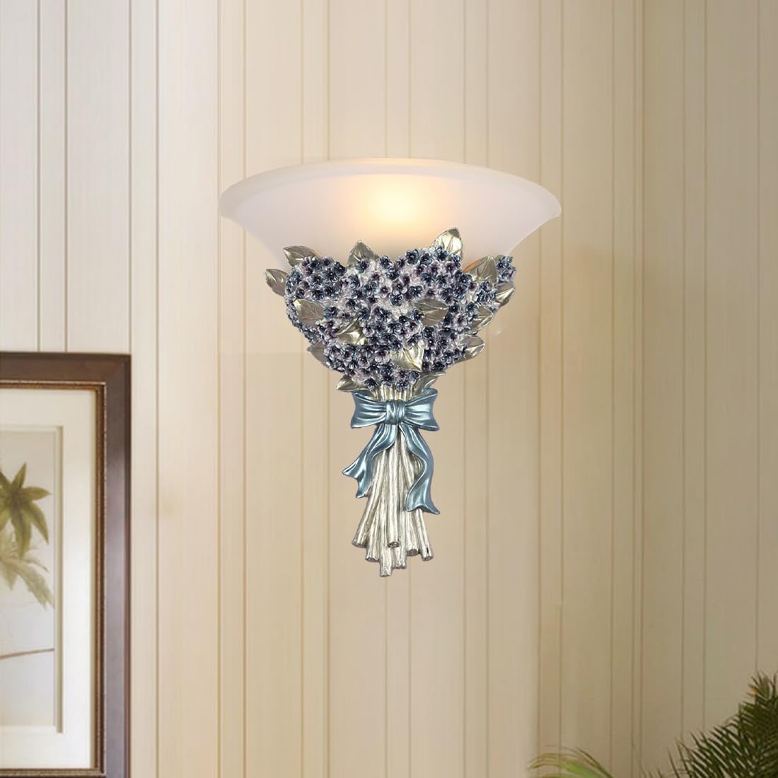 Unique Wall Sconce Flower Light Fixture Vintage Glass Wall Lights Blue Flowers Shape Modern Sconces Lamp Frosted White Glass Shade Gold Resin Sconce Fixtures for Hallway Living Room